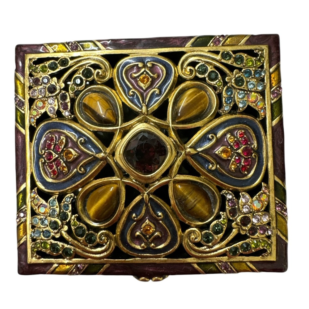 Jay Strongwater Arabesque Enamel Crystal Tigers Eye Trinket Box Discontinued